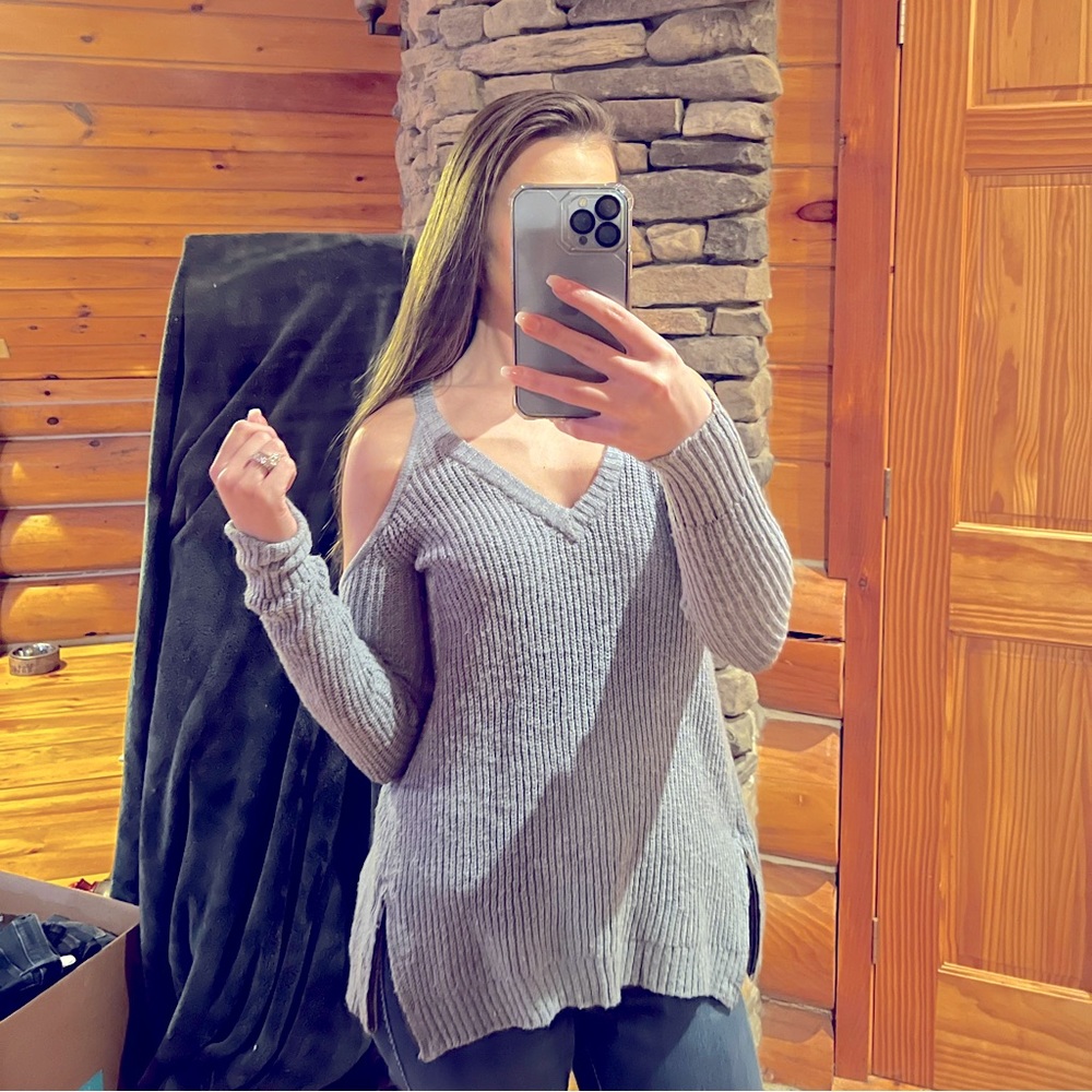 Blue Cold Shoulder American Eagle Zip Detail Sweater - Picture 1 of 2